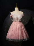 A-Line Tulle Lace Short Prom Dress, Pink Cocktail Dress HZ1024