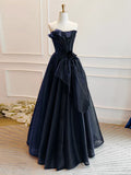 Off Shoulder Organza Dark Blue Long Prom Dress, Dark Blue Long Formal Dress HZ1024