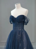 Off Shoulder Tulle Lace Dark Blue Long Prom Dress HZ1024