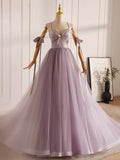 V Neck Tulle Beads Purple Long Prom Dress, Purple Long Formal Dress HZ1024