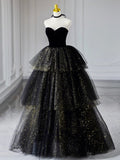 Sweetheart Neck Tulle Sequin Black Long Prom Dress, Black Formal Dress HZ1024
