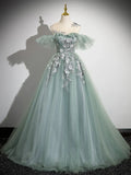 Off Shoulder Tulle Lace Green Long Prom Dress, Green Long Formal Dress HZ1024
