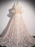 Off Shoulder Lace Tulle Long Prom Dress, Pink Long Formal Dress HZ1024