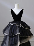 V Neck Tulle Long Prom Dress, Black Long Evening Dress HZ1024