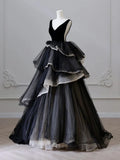 V Neck Tulle Long Prom Dress, Black Long Evening Dress HZ1024