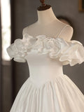 A-Line Tea Length Ivory Prom Dress, White Wedding Party Dress HZ1024