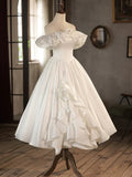 A-Line Tea Length Ivory Prom Dress, White Wedding Party Dress HZ1024