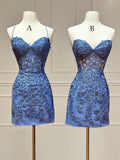 Sweetheart Neck Lace Short Prom Dress, Blue Homecoming Dress HZ1024