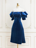 Velvet off-the-shoulder Beads Short Prom Dress, Black Evening Dress HZ1024