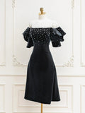 Velvet off-the-shoulder Beads Short Prom Dress, Black Evening Dress HZ1024