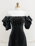 Velvet off-the-shoulder Beads Short Prom Dress, Black Evening Dress HZ1024