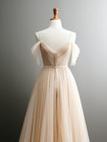 Off Shoulder Champagne Tulle Long Prom Dress, Champagne Long Evening Dress HZ1024