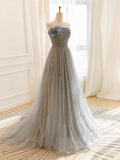 Tulle Sequin Long Prom Dress, Gray Tulle Long Evening Dress HZ1024