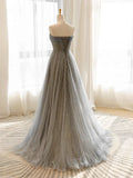Tulle Sequin Long Prom Dress, Gray Tulle Long Evening Dress HZ1024