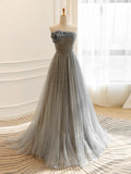 Tulle Sequin Long Prom Dress, Gray Tulle Long Evening Dress HZ1024