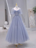 Long sleeves Beading Gray Blue Long Prom Dress, Gray Blue Formal Dress HZ1024
