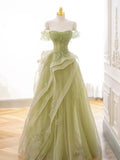 Off Shoulder Lace Long Prom Dress, Green Formal Dress HZ1024