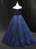 Blue Tulle velvet Long Prom Dress, Blue Formal Evening Dress HZ1024