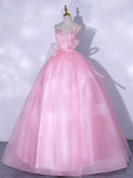 A-Line Tulle Lace Long Prom Dresses, Pink Sweet 16 Dress HZ1024