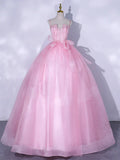 A-Line Tulle Lace Long Prom Dresses, Pink Sweet 16 Dress HZ1024