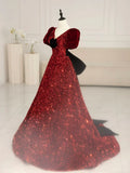 V Neck Velvet Sequin Long Prom Dress, Burgundy Formal Dress HZ1024