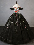 Off Shoulder Tulle Lace Long Prom Gown, Black Sweet 16 Dress HZ1024