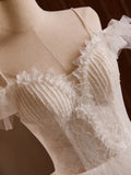 Off Shoulder Tulle Lace Long Prom Dress, White Long Wedding Dress HZ1024