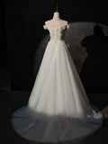 Off Shoulder Tulle Lace Long Prom Dress, White Lace Long Formal Dress HZ1024