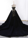 Velvet Sweep Train Long Prom Dress, Black Velvet Long Evening Dress HZ1024