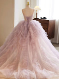 Sweetheart Neck Tulle Pink Long Prom Dress, Pink Evening Dress HZ1024