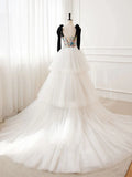 A-Line Sequin Flower Tulle Long Prom Dress, White Formal Evening Dress HZ1024