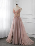V Neck Tulle Beading Pink Long Prom Dress. Pink Formal Dress HZ1024