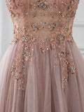 V Neck Tulle Beading Pink Long Prom Dress. Pink Formal Dress HZ1024
