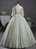 A-Line 3D Lace Long Prom Dress, Green Lace Sweet 16 Dress HZ1024