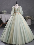 A-Line 3D Lace Long Prom Dress, Green Lace Sweet 16 Dress HZ1024