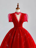 A-Line Tulle Sequin Long Prom Dress, Burgundy Formal Dress HZ1024