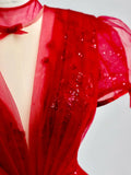 A-Line Tulle Sequin Long Prom Dress, Burgundy Formal Dress HZ1024