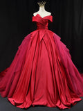 Off Shoulder Satin Tulle Long Prom Gown, Red Long Evening Gown HZ1024