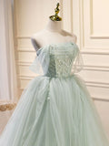 Off Shoulder Tulle Sequin Green Long Prom Dress, Green Formal Dress HZ1024