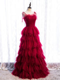 Tulle Long Prom Dresses, Burgundy Formal Graduation Dresses HZ1024