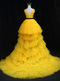 Tulle High Low Prom Dress, Yellow Formal Evening Dress HZ1024