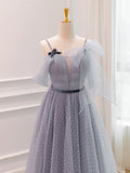 A-Line Tulle Long Prom Dresses, Gray Formal Evening Dresses HZ1024