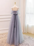 A-Line Tulle Long Prom Dresses, Gray Formal Evening Dresses HZ1024