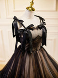 Black Tulle Lace Long Prom Dresses, Black Long Evening Dresses HZ1024