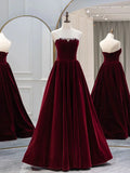 Burgundy Velvet Long Prom Dress, Burgundy Evening Dresses HZ1024
