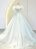Puff Sleeves Blue Long Prom Dress, Tulle Formal Evening Dress HZ1024
