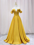 Off Shoulder Satin Yellow Long Prom Dress, Yellow Formal Dress HZ1024