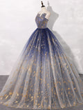 Tulle Blue Long Prom Dress, Blue Tulle Long Evening Dresses HZ1024