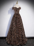 Off Shoulder Coffee Gold Sequin Long Prom Dress, Coffee Gold Formal Dress HZ1024