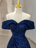 Off Shoulder Sequin Blue Long prom Dress, Blue Sequin Long Evening Dress HZ1024